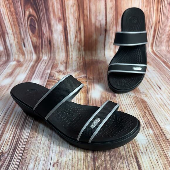 CROCS Shoes - Crocs MADEIRA Size 10 Black Gray Double Strap Wedge Heel Sandal Open Toe Shoes